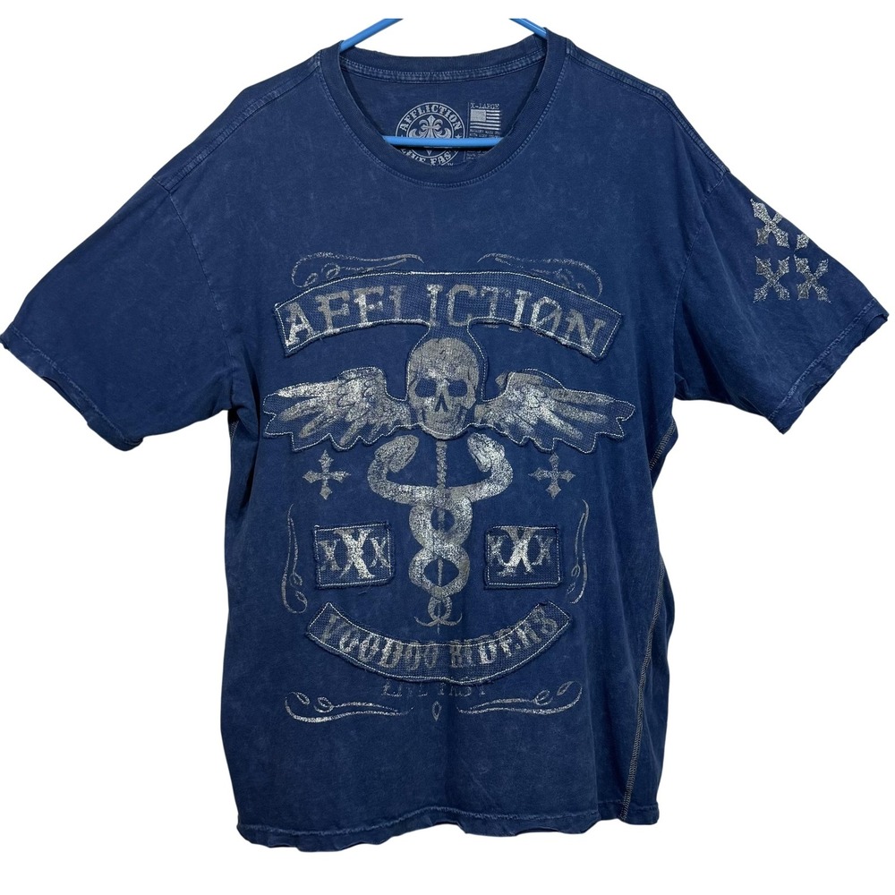 Affliction‎ Shirt Mens XL Blue Voodoo Riders Skull Wings Graphic Live Fast USA